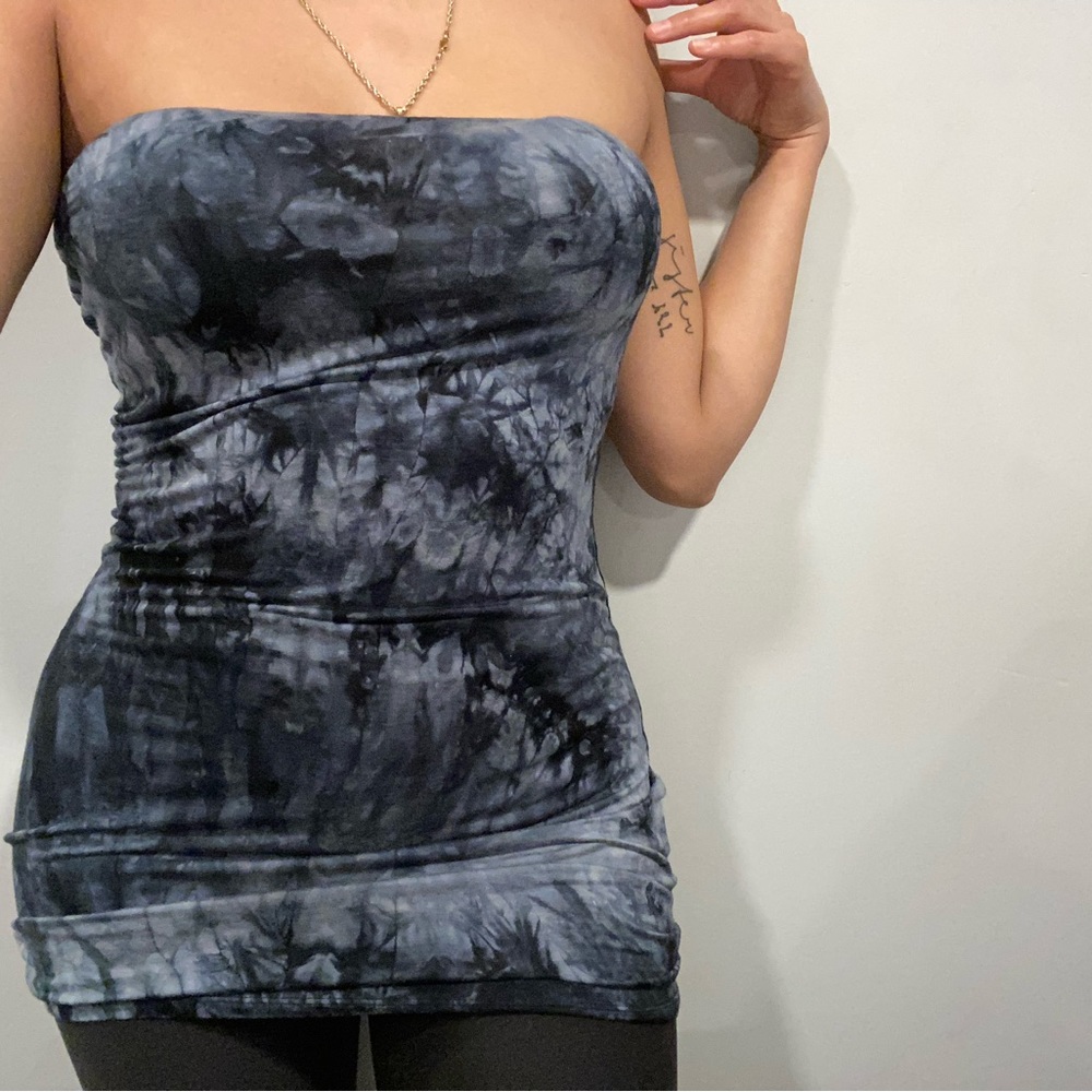 blue tie dye strapless mini dress